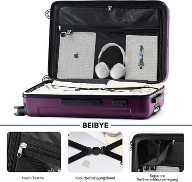 Чохол-валіза BEIBYE з кодовим замком, 4 колеса, середній (66 см), фіолетовий (набір)