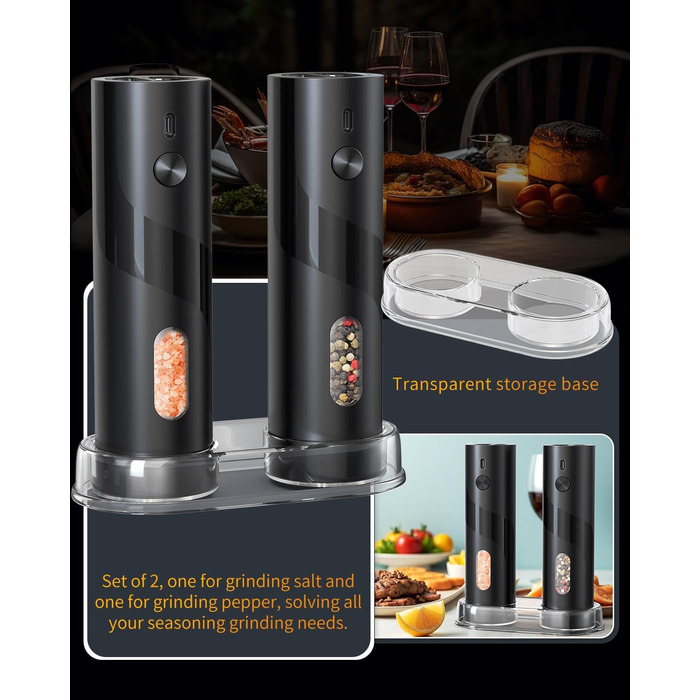 Електричні солі та перечні млини CIRCLE JOY з підставкою, чорні. Набір з LED-підсвіткою, регульована ступінь помелу, 110 мл, нержавіюча сталь