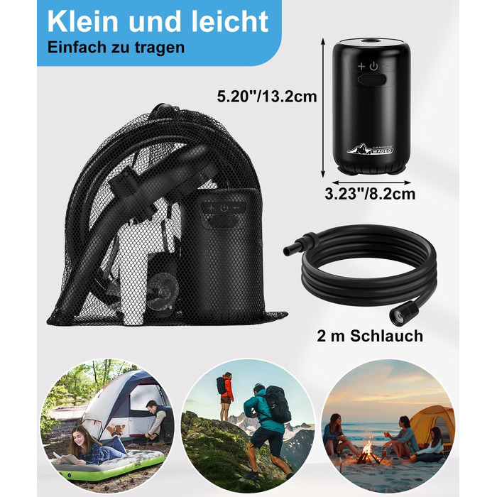 Портативна душова кабіна WADEO для кемпінгу з акумулятором та помпою, 10 режимів, акумулятор 6000 mAh (3 години роботи), подвійний цифровий дисплей, для відпочинку на природі, у саду та в подорожах (чорна)
