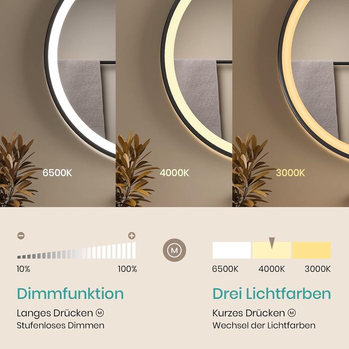 Дзеркало для ванної кімнати EMKE з підсвічуванням, 50 см, кругле, чорний каркас. Дзеркало з регульованою яскравістю, 3 кольори світла, проти запотівання, сенсорне управління та функція пам'яті. Ідеально для ванної кімнати.