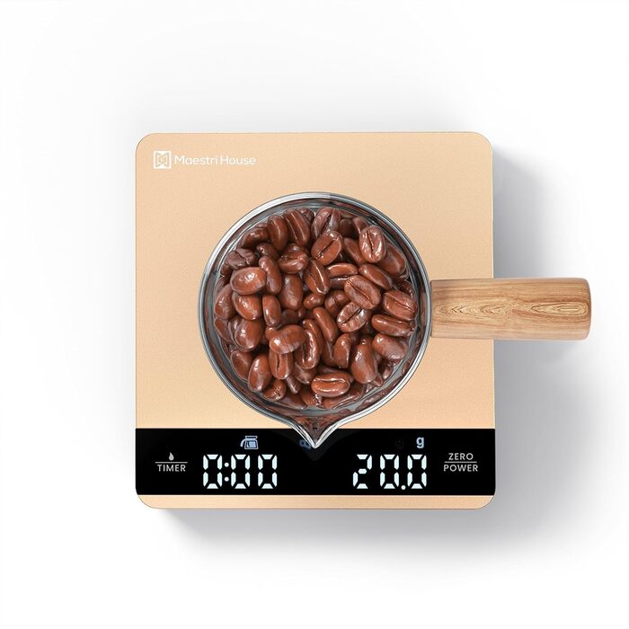 Ваги для кави Maestri House Mini з таймером, 2 кг/0,1 г, для еспресо та Pour-Over, портативні, цифрові, з автоматичним вимірюванням часу (Золото)