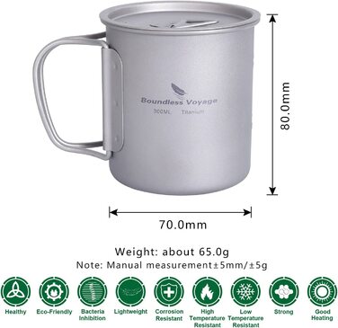 Титанова кружка iBasingo, кавова чашка для кемпінгу, чашка для чаю з кришкою і складною ручкою, 200 мл/300 мл/420 мл / 450 мл / 500 мл / 600 мл / 750 м