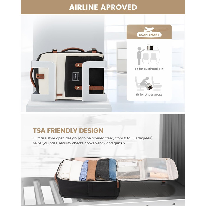 LOVEVOOK Рюкзак для ручної поклажі, жіночий рюкзак для подорожей, водонепроникний рюкзак для ноутбука 17 дюймів, шкільний рюкзак для жінок/студенток, чорний, коричневий (45x32x15 см)