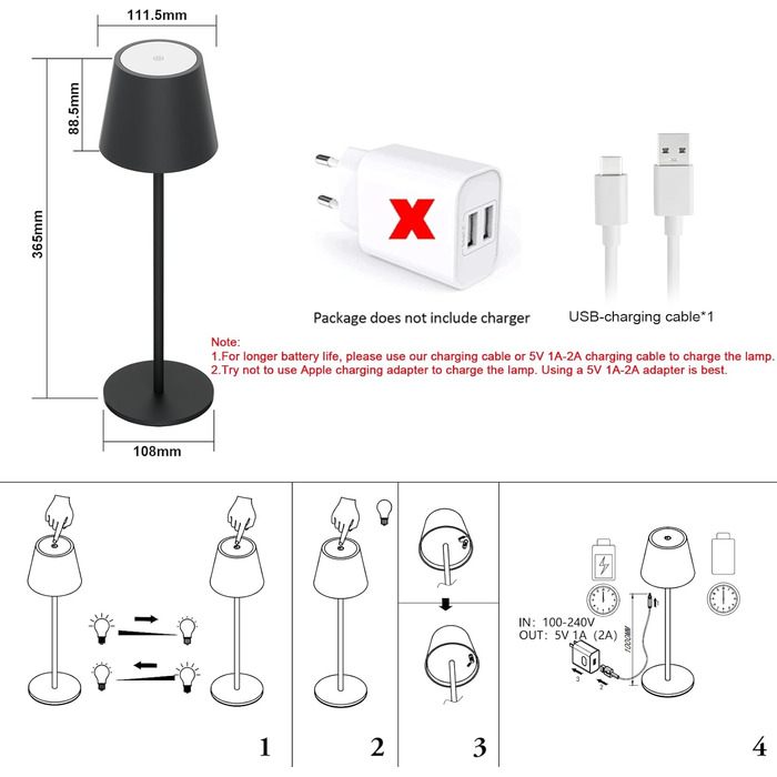 Klighten 2 шт. LED бездротові диммерні настільні лампи Anthrazit, перезарядна лампа USB-C для дому та вулиці, тепле світло 3000K, алюміній, IP54 вологостійка, антрацит