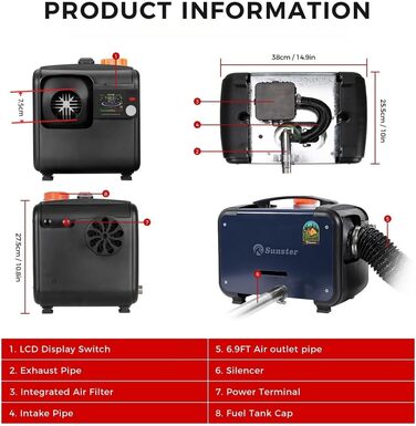 Дизельний опалювач 8kW з Bluetooth, 12V/24V/230V для вантажівок, фургонів, автодому, з автоматичним запуском та адаптером живлення, 2025 року випуску, блакитний