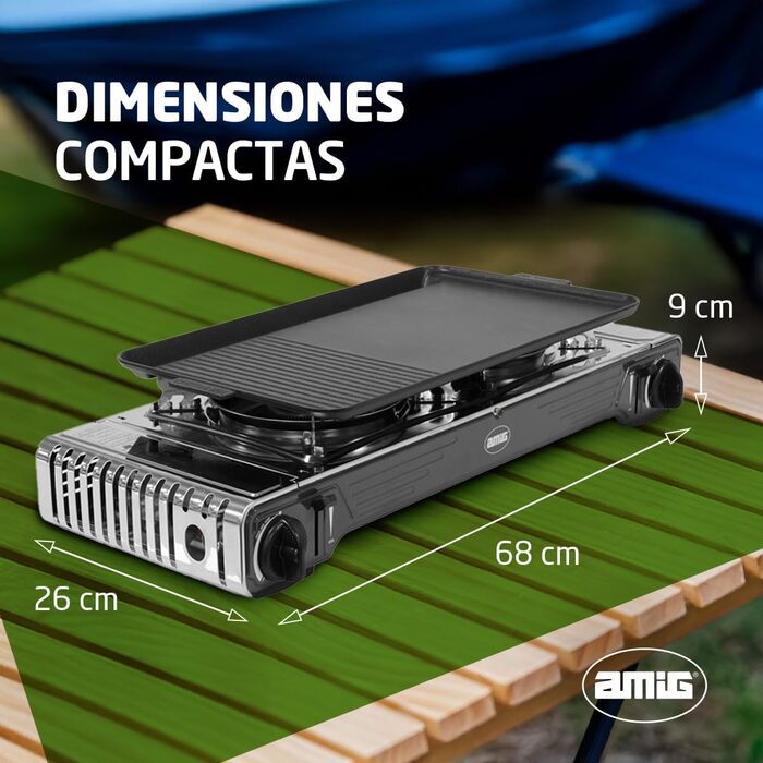 Газовий намет Amig CAMP02 з двома пальниками та грилем - для кемпінгу, з алюмінієвого лиття, сумісний з картриджами B-250