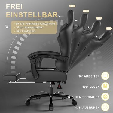 Ігровий стілець, офісний стілець з підставкою для ніг, ергономічний стілець, регульована спинка 90-135°, вантажопідйомність 150 кг, чорний