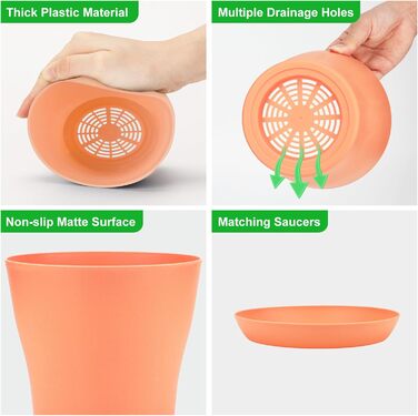 KINGLAKE Набір горщиків для квітів 8 шт., 17 см, пластик з підставкою, для квітів, сукулентів, кактусів, кольорові