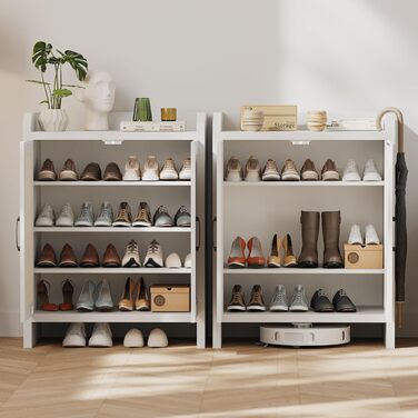 Шафа для взуття 5-ярусна в стилі ф armhouse з 2 дверцятами, вільного стояння з регульованими полицями та металевими кутовими прикрасами для передпокою та коридору, білий колір (ротанг, білий)