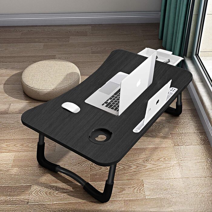 Стіл для ноутбука в ліжко/на диван, складаний, з USB-портами та відділенням для чашки, 60 x 40 см, чорний