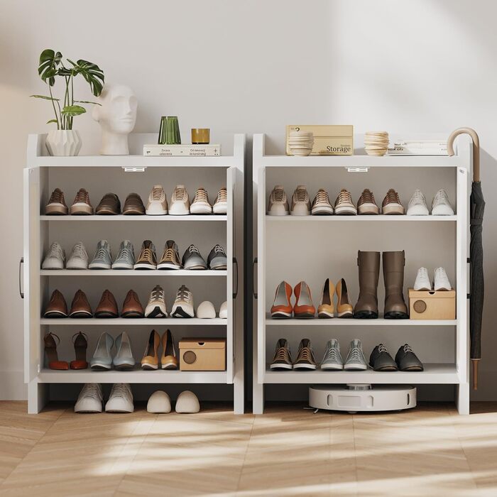 Шафа для взуття 5-ярусна в стилі ф armhouse з 2 дверцятами, вільного стояння з регульованими полицями та металевими кутовими прикрасами для передпокою та коридору, білий колір (ротанг, білий)