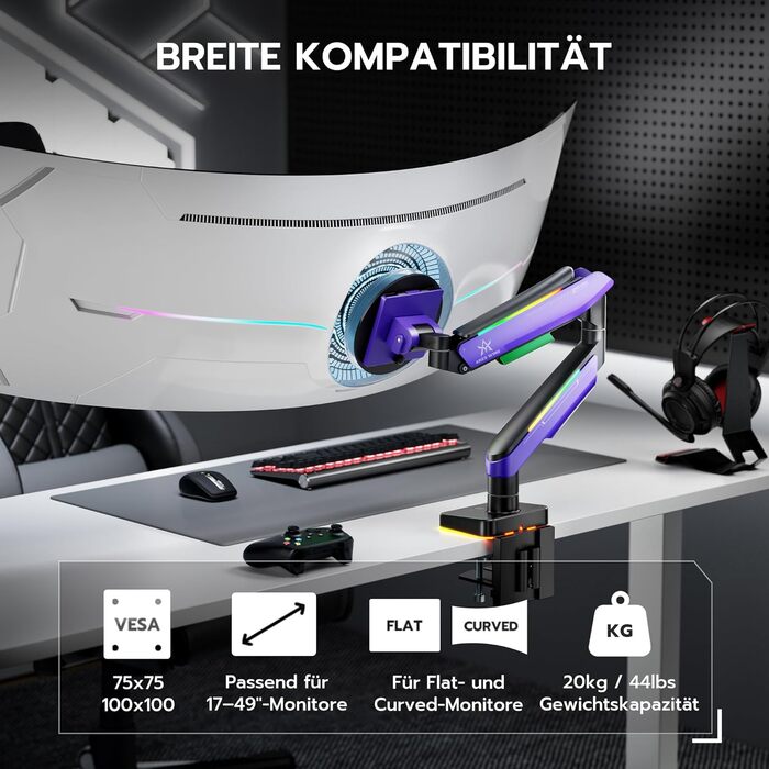 Кріплення для монітора ARES WING Gaming – для моніторів 17-49 дюймів, RGB, витримує до 20 кг, VESA 75/100 мм (фіолетовий)