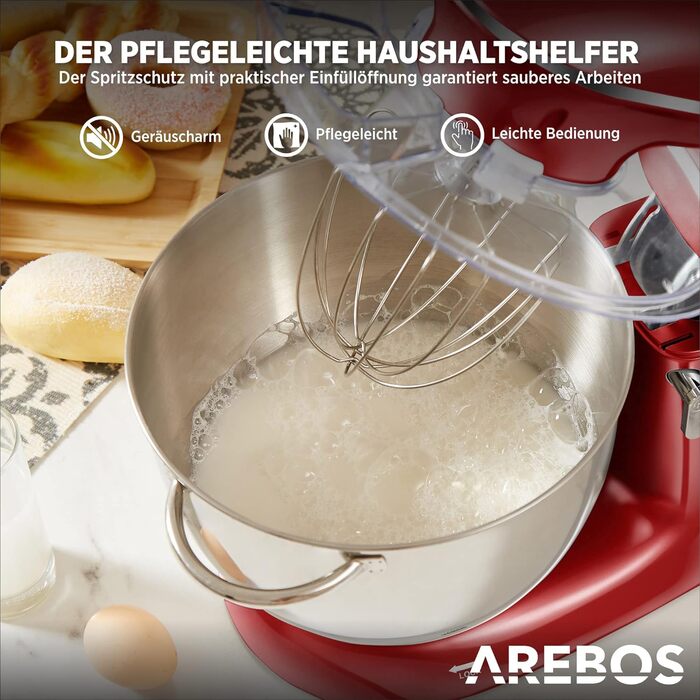 Кухонна машина Arebos 1500W з чашею 6L з нержавіючої сталі | Змішувач, гак для тіста, вінчик | Кришка від бризок | 6 швидкостей | Кухонний комбайн | Машина для тіста (червона)