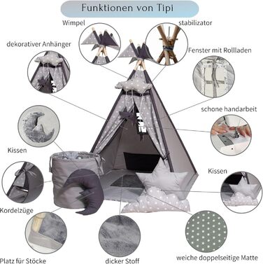 Намет-Тіпі для дітей з килимком, подушкою та м'ячами - ігровий намет у дитячу кімнату (Сірий)