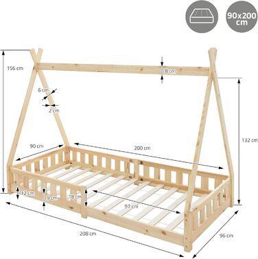 Дитяче ліжко-халапа Tipi ML-Design біле з бортиками та ламелями, з сосни, індіанське ліжко для дівчаток та хлопчиків, будиночок-ліжко з огорожею, ліжко-халапа для дітей та підлітків, ігрове ліжко-намет (90x200 см з матрацом (H: 10 см), натуральне дерево)