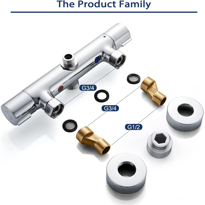 Змішувач для ванни з термостатом, накладний, хром, латунь, з кнопкою безпеки 38°C, для ванни, водопровідний кран, термостат для душу (2 отвори)