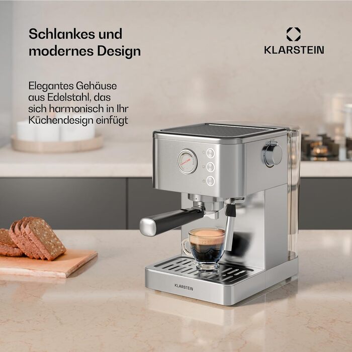 Klarstein SteelPresso Touch – кавомашина еспресо, 1350 Вт, нержавіюча сталь, 1,5 л, сенсорне управління, вбудований капучинатор, компактний дизайн
