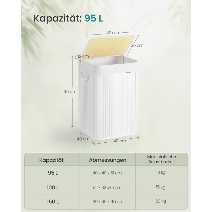 SONGMICS Кошик для білизни 95 л з кришкою, бамбук, з ручками, складний, знімний мішок для прання, для пральні, LCB060Y01 (95 л)