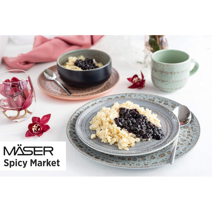 Набір посуду з ручним розписом MSER 931743 Spicy Market Series на 4 персони в середземноморському вінтажному дизайні, комбінований обідній сервіз з керамічного рожевого керамограніту 16шт