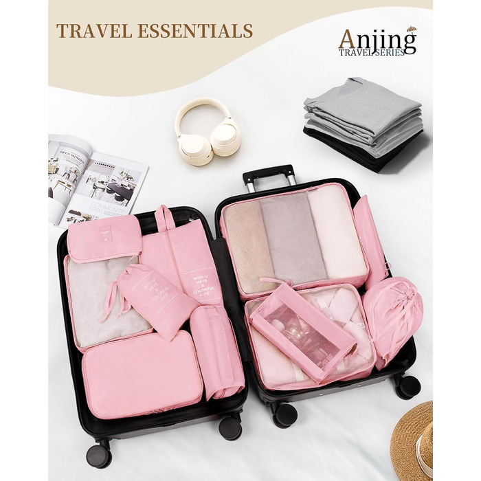 Набір органайзерів для подорожей Anjing (11 предметів), водонепроникні пакувальні куби для валізи, компактний органайзер для одягу в дорогу, рожевий
