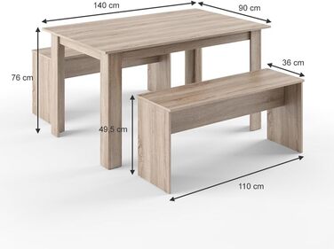 Набір обідніх столів Vicco Sentio, Дуб, 90x140 см, з 2 лавками (Sonoma)