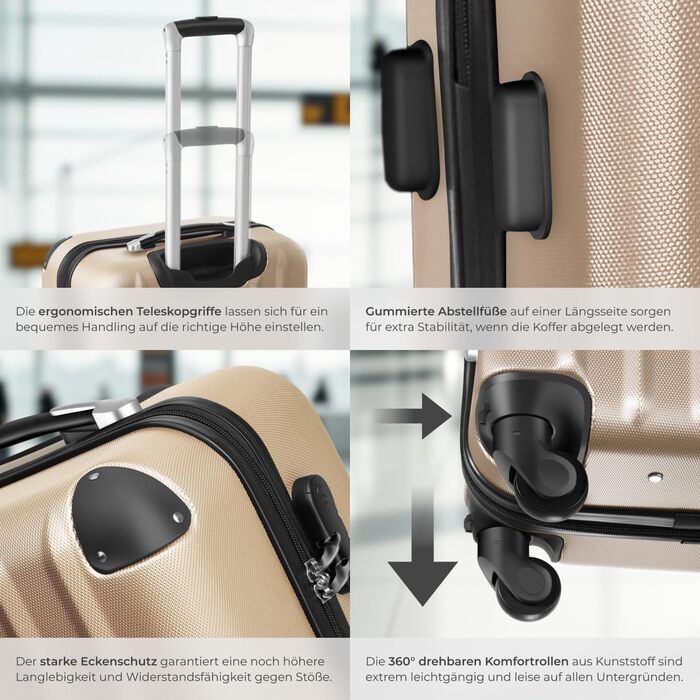 Набір валіз Tectake 3шт з ваговою та ідентифікатором, M-L-XL, ABS, телескопічна ручка, Champagner