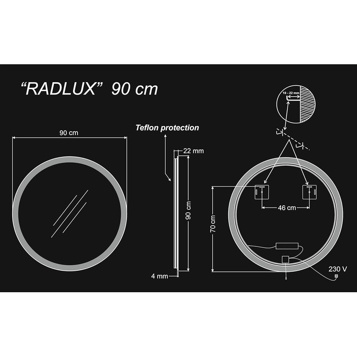 Дзеркало для ванної кімнати з підсвічуванням LED, діаметр 90 см, кругле, нейтральне світло 4000K, 90x90 см