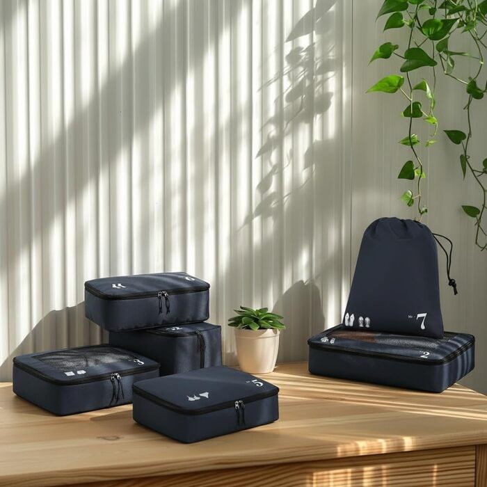 Набір органайзерів для подорожей ECOHUB для валізи, 7 предметів, екологічні пакувальні куби з переробленого PET, темно-синій