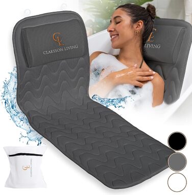 Подушка для ванни для всього тіла 125x43см - Подушка для ванни з підголовником для підтримки шиї, спини та ніг - З мішком для прання та подорожей та гачком для швидкого сушіння - Сіра