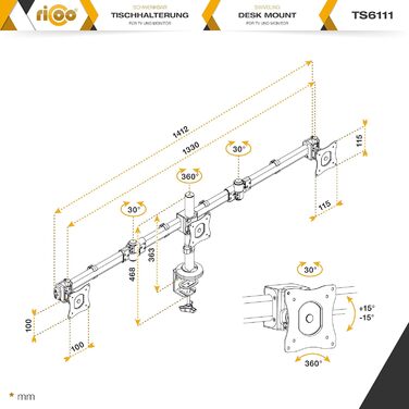 Підставка для монітора RICOO на 2 монітори, Dual Monitor Arm, TS7811, для комп'ютерів та ігор, 13-27 дюймів
