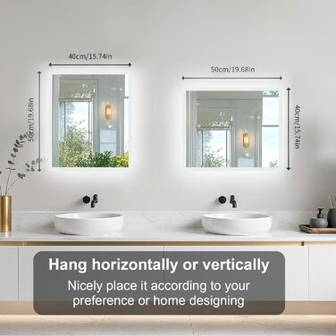 Дзеркало для ванної кімнати LUVODI з підсвічуванням 40x50 см: регульоване LED дзеркало з 3 кольорами світла, сенсорне управління, запобігає запотіванню, водонепроникне, настінне дзеркало для ванної кімнати, горизонтальне/вертикальне кріплення 50 см x 40 см