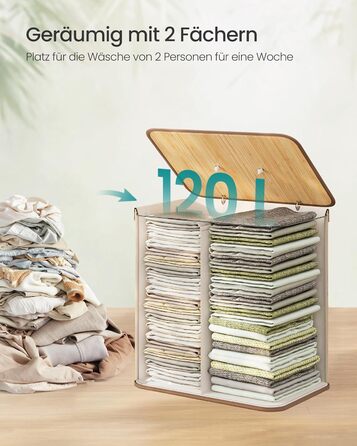 Кошик для білизни SONGMICS з кришкою, 2 відділення, 120 літрів, бамбук, складний, знімний мішок для прання, з ручками, для ванної кімнати, спальні, натуральний колір