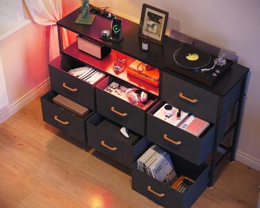 Комод Coleshome з висувними ящиками, світлодіодною підсвіткою, 2 USB та 2 розетки AC, 7 тканинних ящики, для спальні/вітальні, 132*30*89 см, чорний