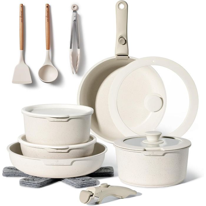 Набір кухонного посуду Just Perfecto 18 предметів з антипригарним покриттям, знімні ручки, для всіх типів плит (включаючи індукцію), без PFOA (Бежевий)