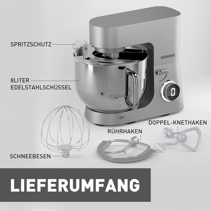 Кухонна машина Heinrichs 2500W з подвійним гаком для тіста, міксером та вінчиком, 8 швидкостей, чаша 8л з нержавіючої сталі, тиха, колір 