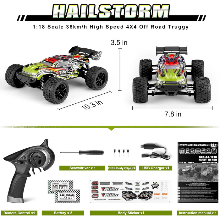 Радіокерований позашляховик Haiboxing Hailstorm 1/18 4WD 36 км/год, електричний RC автомобіль для бездоріжжя, водонепроникний