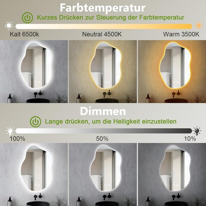 LED дзеркало для ванної кімнати з підсвічуванням 70x50 см, холодне світло 6000K, енергозберігаюче, диммер, антизапітніння