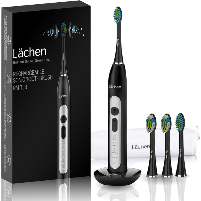 Електрична зубна щітка Lächen Sonic з 4 насадками, таймером, 3 режимами та 3 рівнями вібрації, у валізі (чорний)