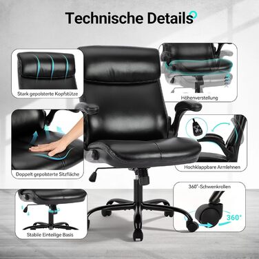 Офісний стіл COLAMY: ергономічний крісло з високою спинкою, регульовані підлокітники, шкіряне покриття (чорний)