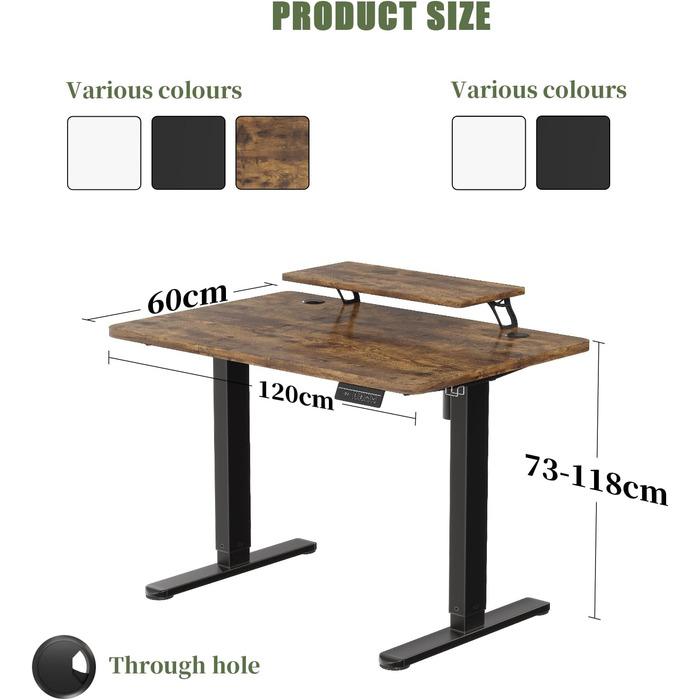 Електричний регульований стіл Devoko 120x60 см з підставкою для монітора, комп'ютерний стіл, 2 пам'яті висоти, вінтажний коричневий