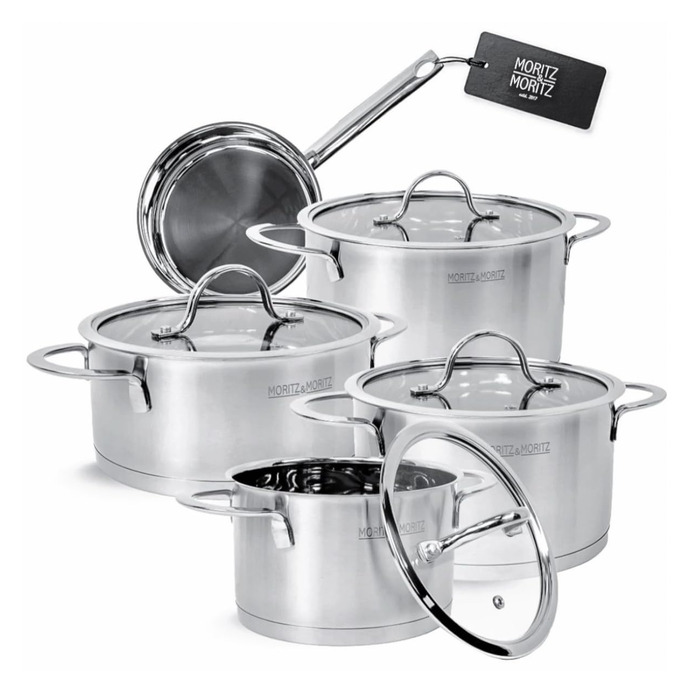 Набір каструль Moritz & Moritz 5 шт. з 4 скляними кришками - каструлі з нержавіючої сталі для індукції та всіх типів плит - стильний набір каструль з кришками та ручками - підходить для миття в посудомийній машині та випікання в духовці