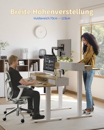 Електричний стіл YIHAYO з висувними ящиками та підставкою для монітора 120x60 см, регулювання висоти, пам'ять, Natural White, Natural поверхня