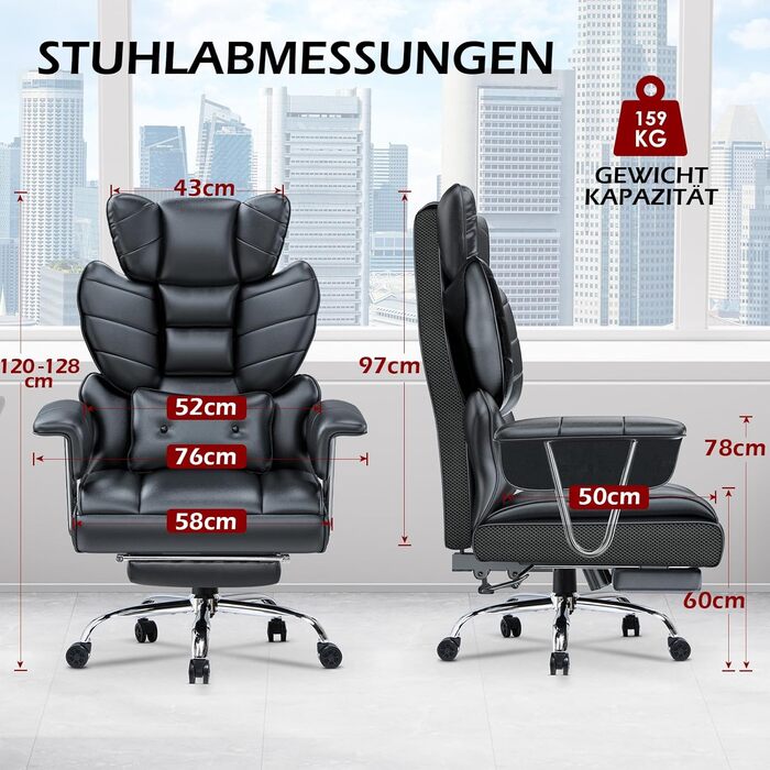 Офісний крісло Naspaluro з підніжкою, ергономічне, для дому та офісу, з підтримкою попереку, PU-шкіра, сірий (чорний 2), 77x66x134 см