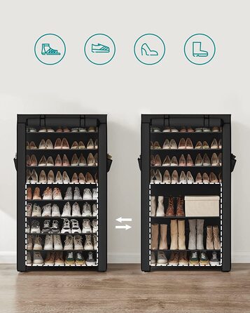 Полиця для взуття SONGMIC з 10 рівнями, шафа для взуття, місце для зберігання взуття з пилозахисним покриттям, органайзер для взуття на високих підборах, спортивне взуття, металева стійка, RXJ36G (28 x 88 x 160 см, чорний)