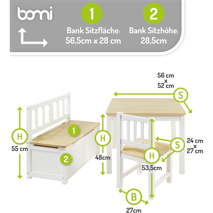 Дитячий меблевий набір Bomi Anna: стіл, 2 стільці та лавка-сховище | Меблі для дитячої кімнати з екологічного дерева | Білий (білий-натуральний)