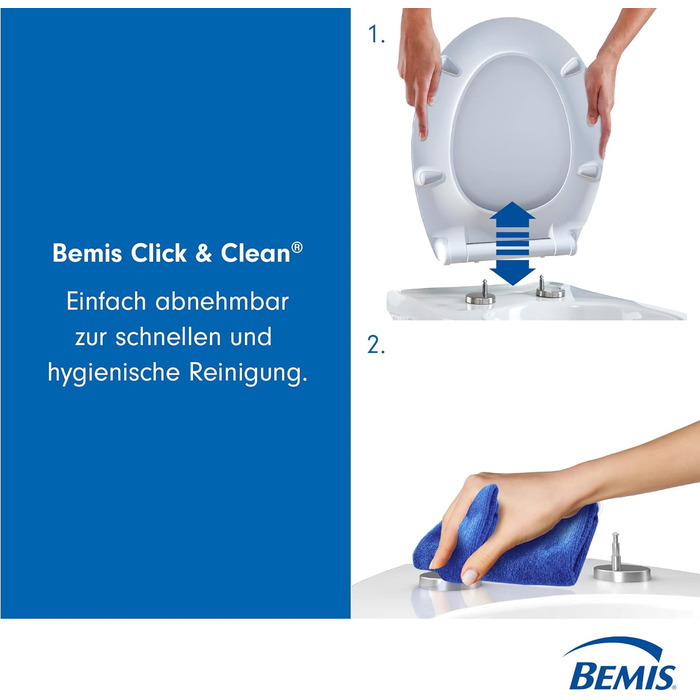 Сидіння для унітазу Bemis Click&Clean Slim Механізм м'якого закривання Очищення з оптимальною гігієною завдяки запатентованій системі знімання Проста установка зверху Антибактеріальне Білий Плоский, тонкий дизайн