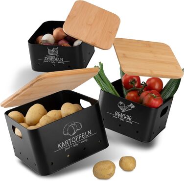 Коробки для зберігання картоплі та овочів MNKsolution (3 шт.) - Чорні контейнери для картоплі, овочів, цибулі та часнику - Органайзер для кухні