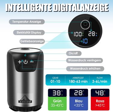 Портативна душ для кемпінгу TINIFO з насосом та акумулятором 8000mAh, з покажчиком температури, 2м шланг для кемпінгу, миття авто, саду та тварин