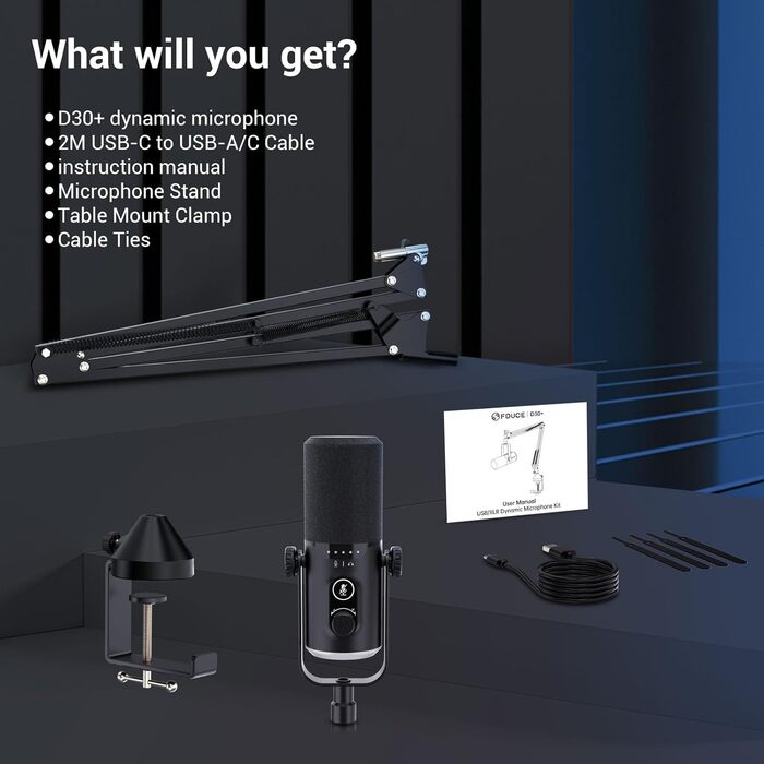 Мікрофон ігровий FDUCE з USB/XLR підключенням, RGB-підсвічуванням та регулюванням Gain для стрімінгу, запису подкастів та ігор (D30+)