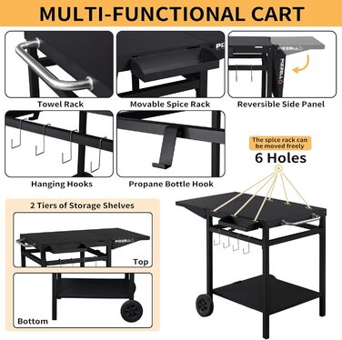 Гриль-візок PIZELLO з підготовчою станцією: візок для гриля, піца-стіл, сервірувальний візок з коліщатками, гачки, ручка, трансформована робоча поверхня, чорний
